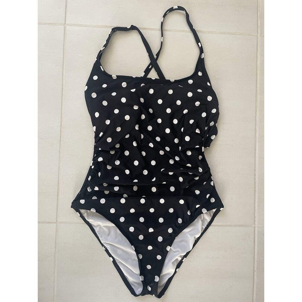 Tahari Swim One Piece Swimsuit Polka Dot Criss Cross Back Swimwear Beach